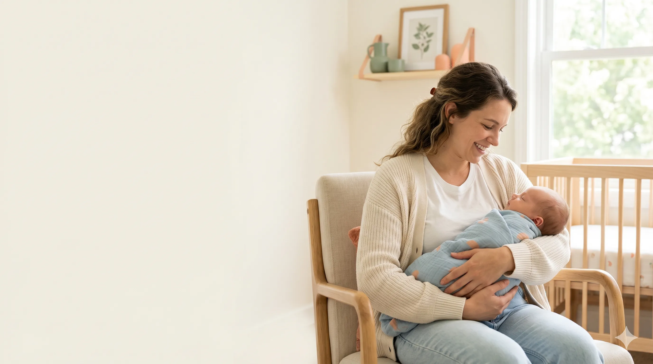 Mother holding her newborn baby in a soft nursery